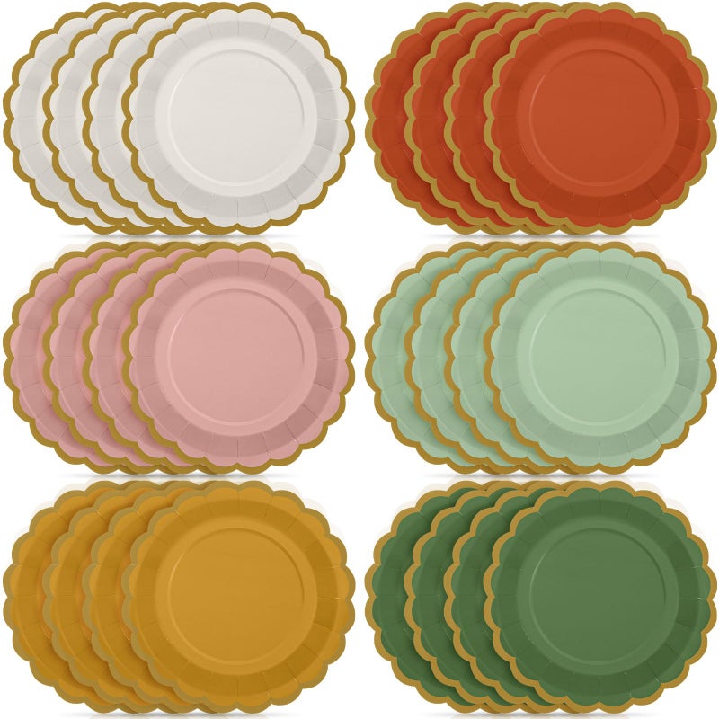 Tiangrid 48 Pcs Fall Boho Paper Plates 9 Inch Gradient Scalloped Paper Disposable Dinner Dessert Plates for Birthday Wedding Bridal Party Supplies 6 Colors